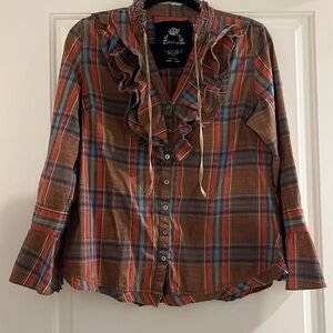 Cino plaid and ruffle button down shirt